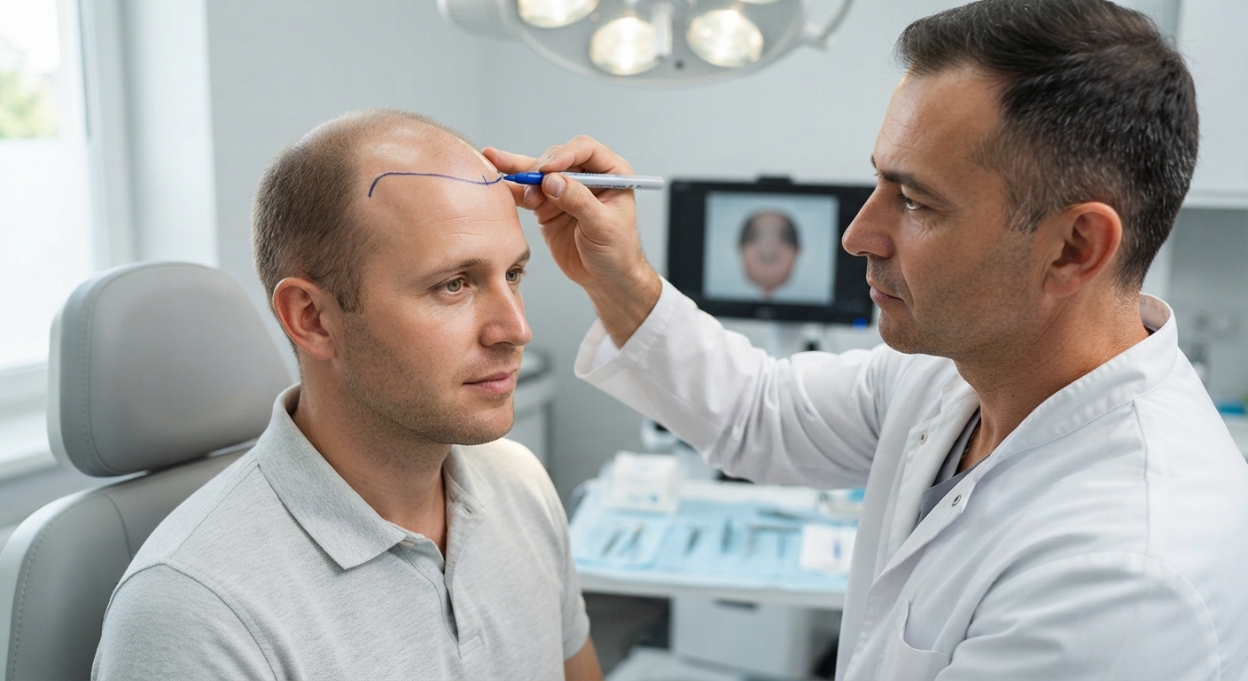 Doctor planning a patient's hairline before hair transplantation